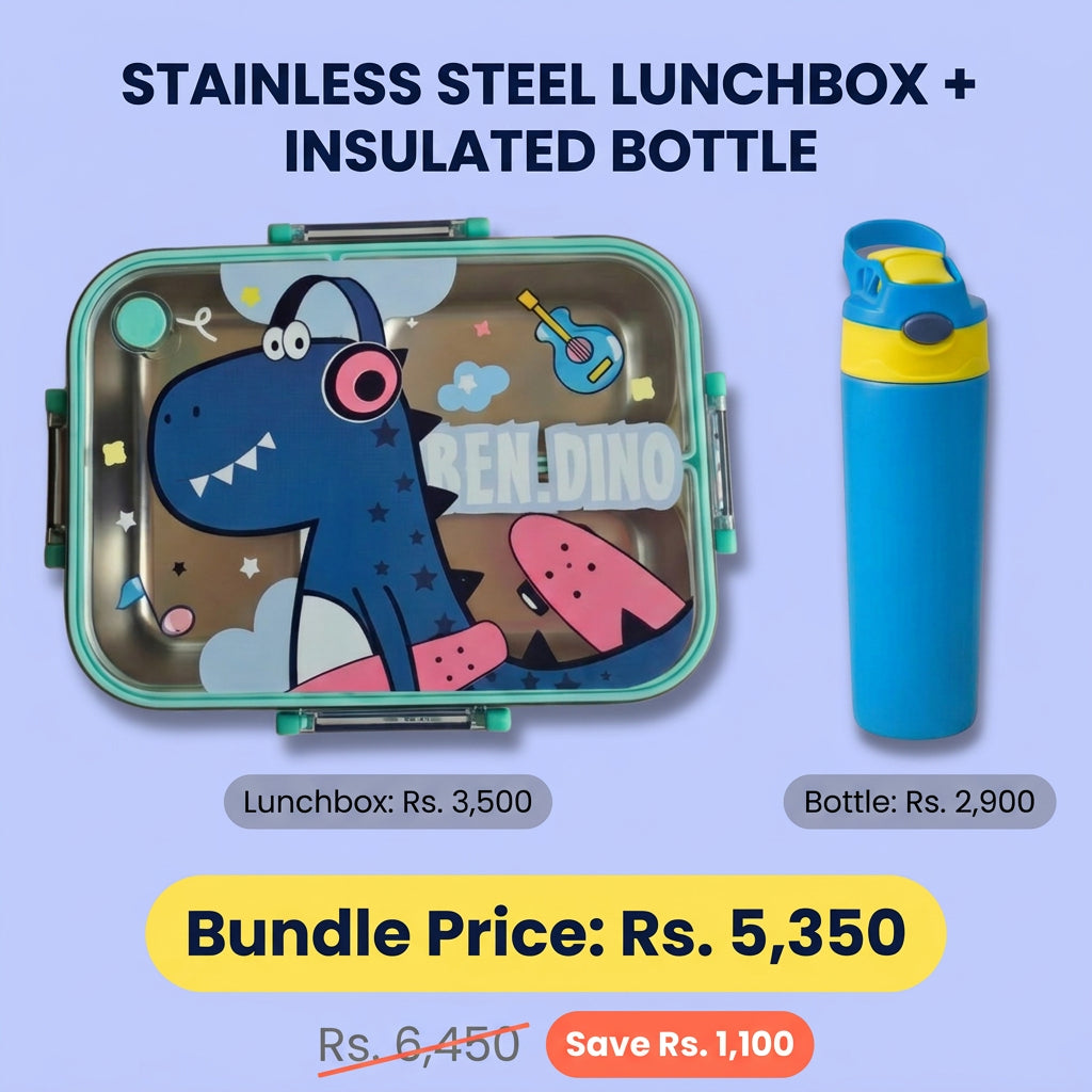 Dinosaur Stainless Steel Lunchbox + Blue Insulated Matte Bottle