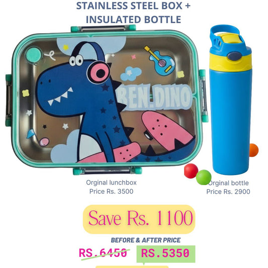 Dinosaur Stainless Steel Lunchbox + Blue Insulated Matte Bottle