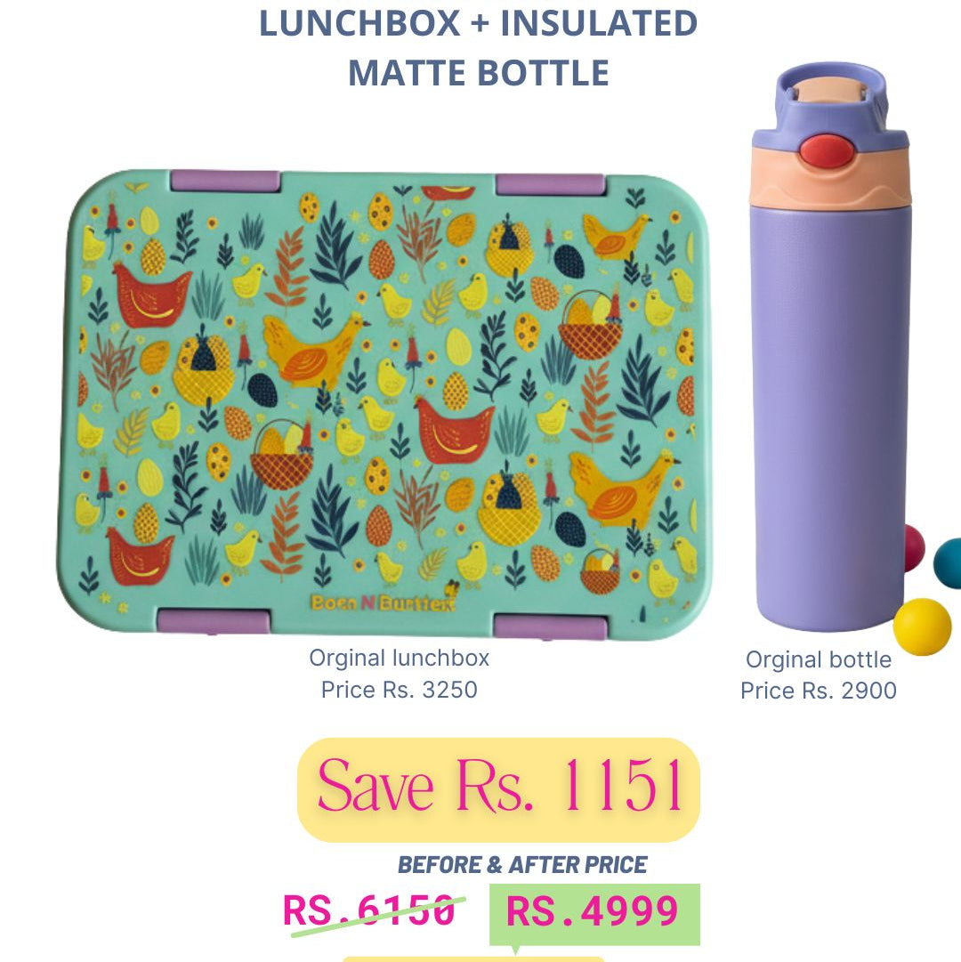 Farm Theme Lunchbox + Lilac Insulated Matte Bottle