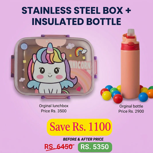 Unicorn Stainless Steel Lunchbox + Pink Insulated Matte Bottle Deal