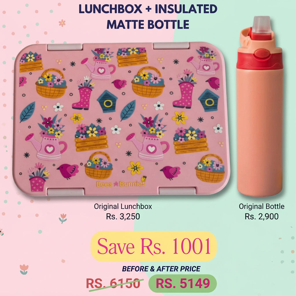 Flower Theme Lunchbox + Pink Insulated Matte Bottle