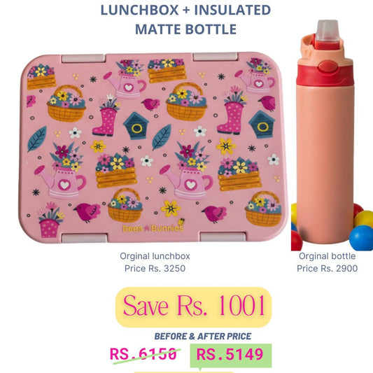 Flower Theme Lunchbox + Pink Insulated Matte Bottle