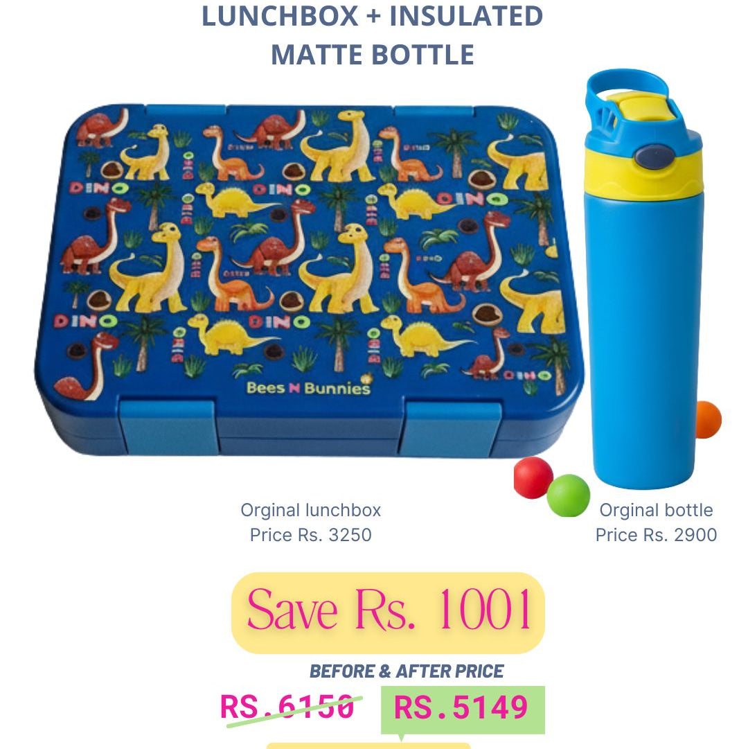 Dinosaur Lunchbox + Blue Insulated Matte Bottle