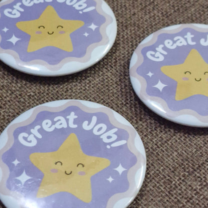 Three buttons with star designs and 'Great Job!' text on a brown textured background