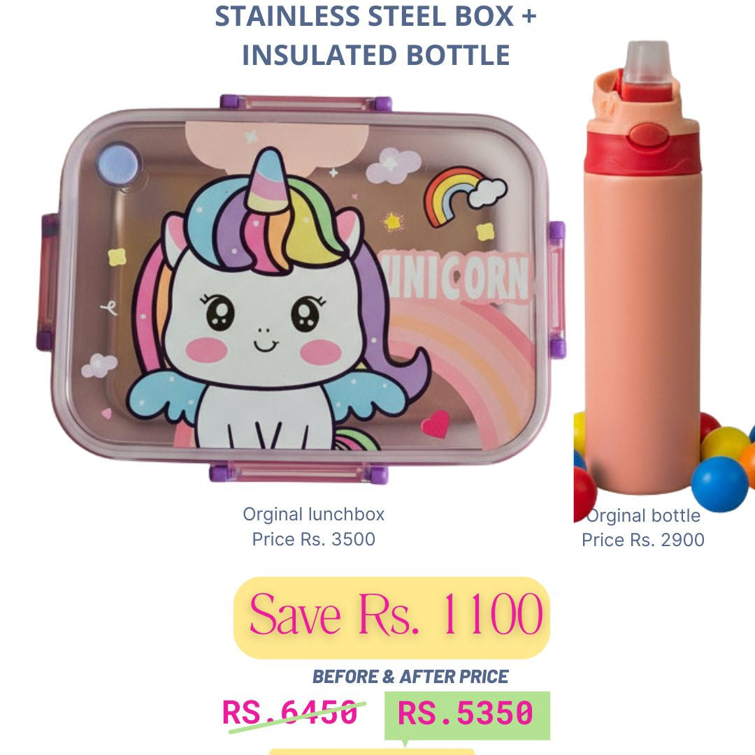 Unicorn Stainless Steel Lunchbox + Pink Insulated Matte Bottle Deal
