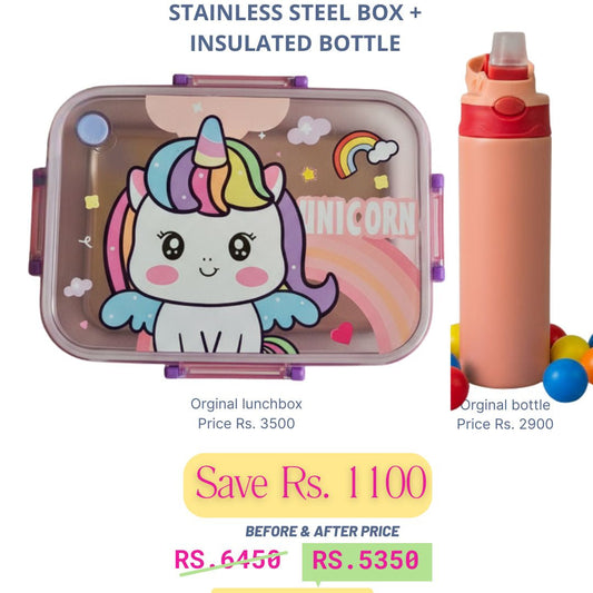 Unicorn Stainless Steel Lunchbox + Pink Insulated Matte Bottle Deal