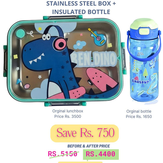 Dinosaur Stainless Steel Lunchbox + Dinosaur Wonderworld Bottle Deal
