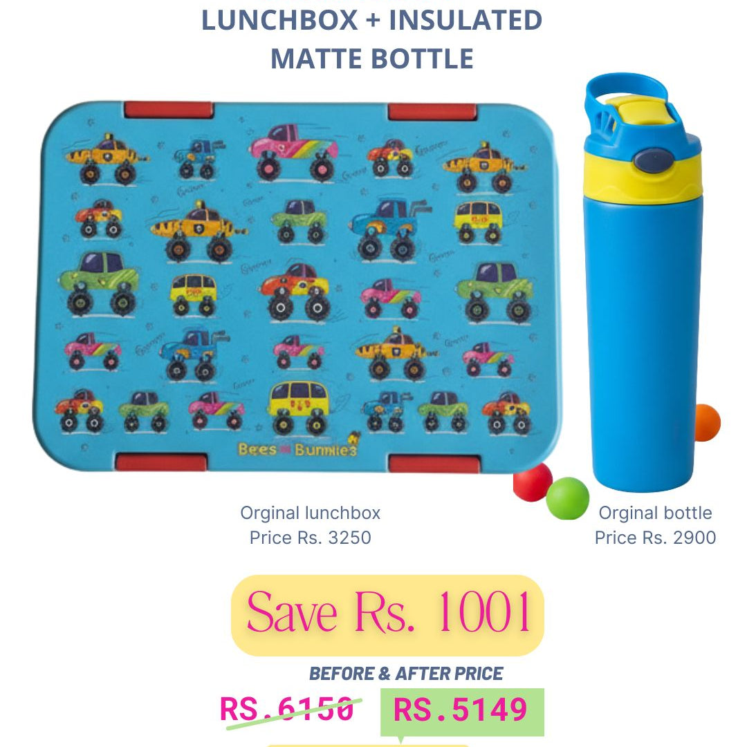 Vehicle Theme Lunchbox + Blue Insulated Matte Bottle