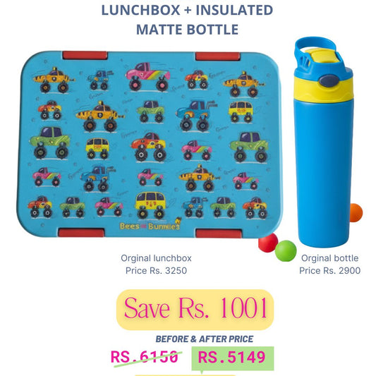 Vehicle Theme Lunchbox + Blue Insulated Matte Bottle